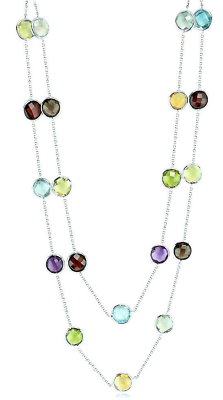 14K White Gold Multi-Shaped Necklace With Round Shaped Gemstones 36 Inches