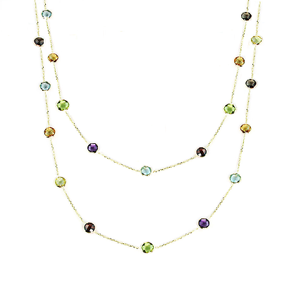 14K Yellow Gold Fancy Cut Station Necklace With Gemstones 36 Inches