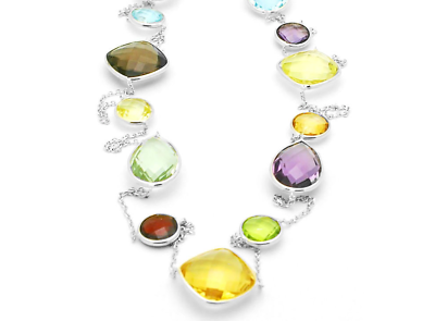 14K White Gold Statement Size Multi Colored Gemstone Necklace 36 Inches