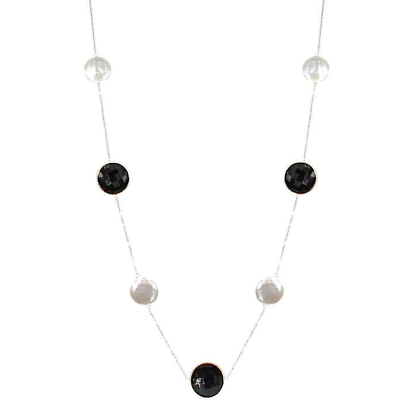 14K Yellow Gold Necklace With Large Round Black Onyx & Baroque Pearls 36 Inches