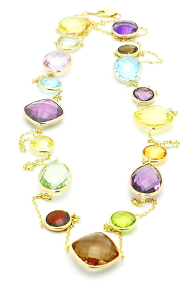 14K Yellow Gold Fancy Cut Multi-Colored Multi-Shaped Gemstone Necklace 36 Inches