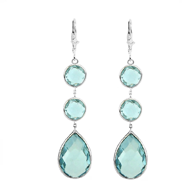 14K White Gold Earrings With Round And Pear Shape Blue Topaz Gemstones