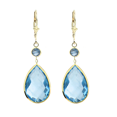 14K Yellow Gold Earrings with Dangling Pear Shape and Round Blue Topaz Gemstones