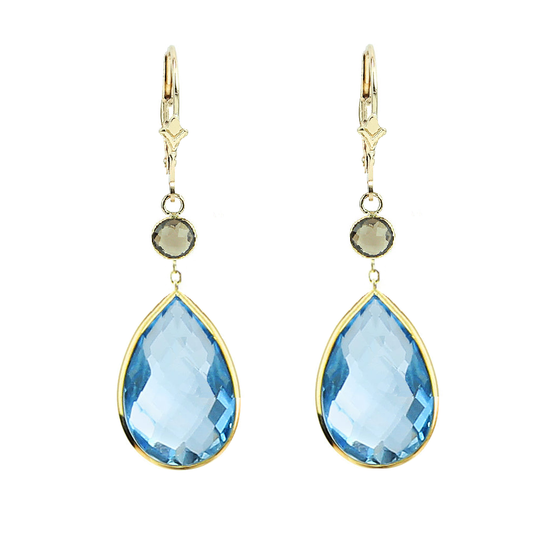 14K Yellow Gold Earrings with Pear Shape Blue Topaz and Round Smoky Topaz