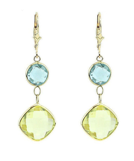 14K Yellow Gold Gemstone Earrings With Lemon And Blue Topaz