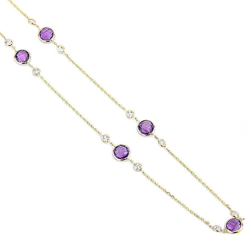 14K Yellow Gold Necklace With Amethyst Gemstones and Cubic Zirconia 16 Inches
