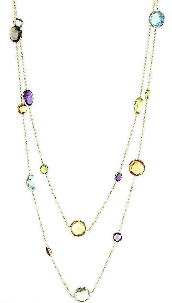 14K Yellow Gold Gemstone Necklace With Round Shaped Stones 36 Inches