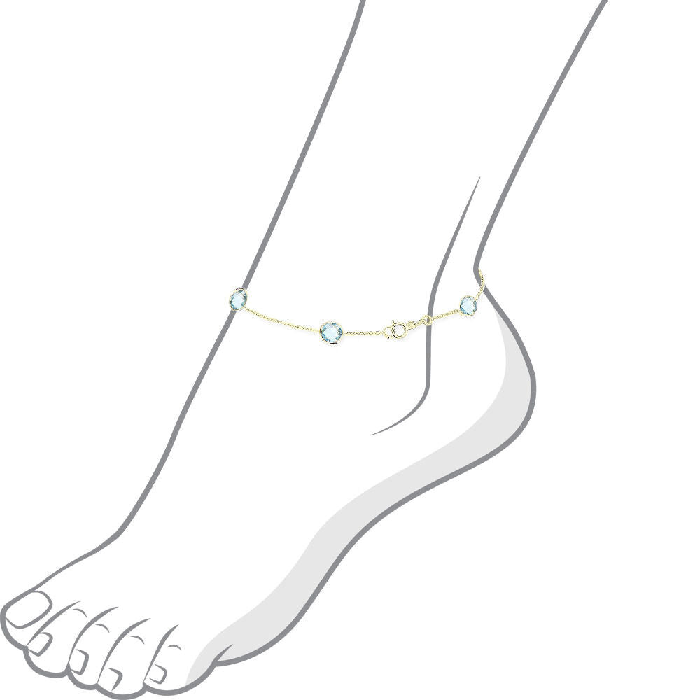 14K Yellow Gold Anklet Bracelet With Blue Topaz Gemstones 10 Inches
