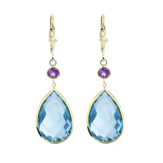 14K Yellow Gold Gemstone Earrings with Pear Shape Blue Topaz And Round Amethyst
