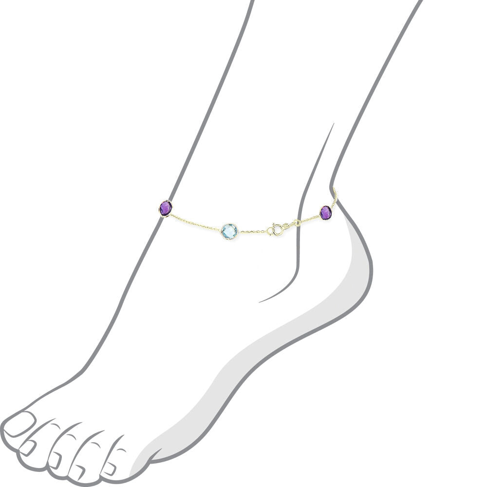 14K Yellow Gold Anklet Bracelet with Blue Topaz and Amethyst Gemstones 10 Inches