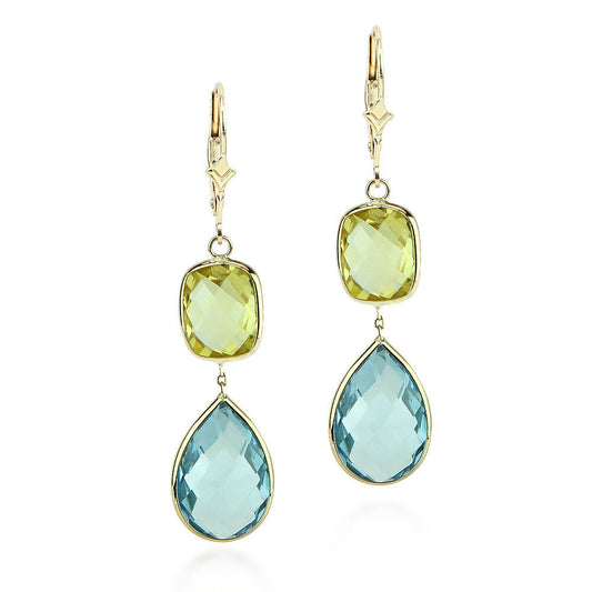 14K Yellow Gold Gemstone Earrings With Lemon and Blue Topaz