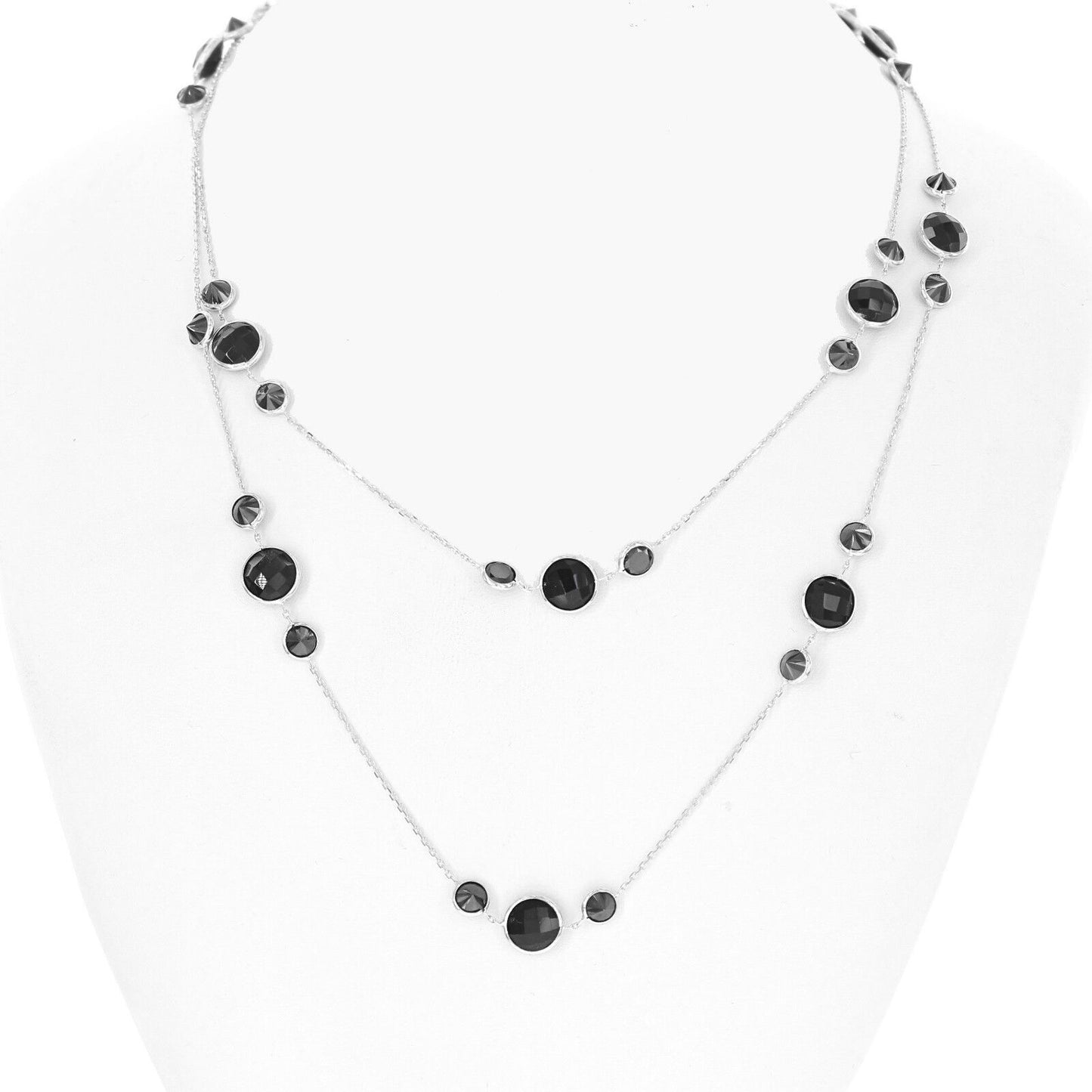 14K White Gold Station Necklace With 8 and 4 MM Round Onyx Gemstones 36 Inches