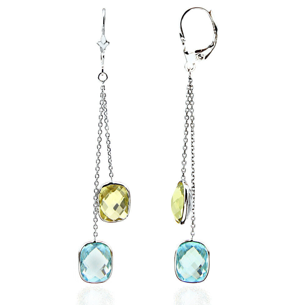 14K White Gold Gemstones Earrings With Lemon and Blue Topaz Dangle