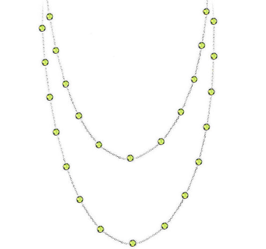 14K White Gold Necklace With Round Shaped Peridot Gemstones 36 Inches