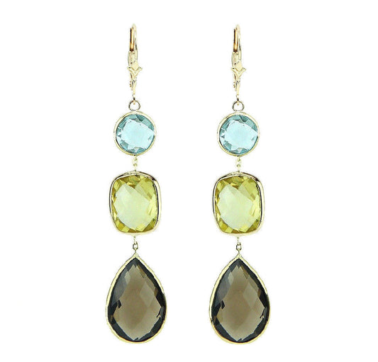 14K Yellow Gold Leverback Earrings With Lemon, Blue And Smoky Topaz Gemstones