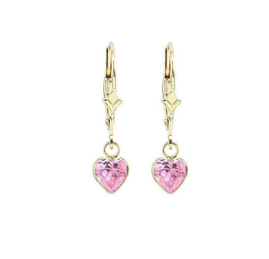 14K Yellow Gold Drop Earrings With Heart Shaped Pink Cubic Zirconia Dangle
