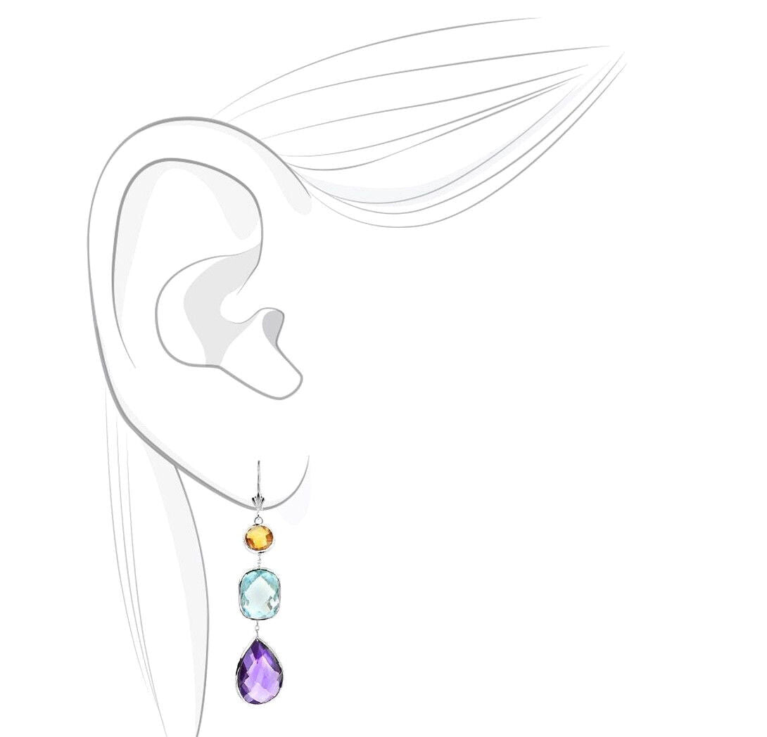 14K White Gold Gemstone Earrings With Citrine, Blue Topaz And Amethyst