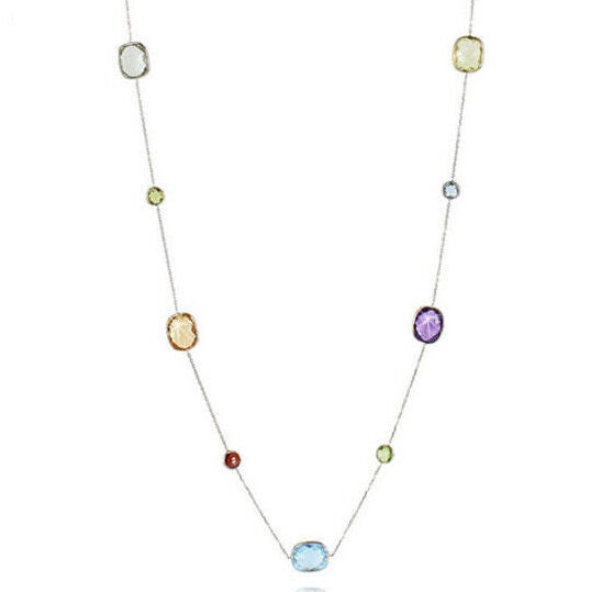 14K Yellow Gold Necklace With Round And Cushion Shaped Gemstones 36 Inches