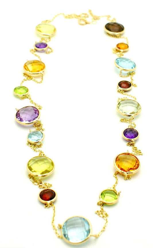 14K Yellow Gold Station Necklace With Round Shaped Gemstones By The Yard 36 Inch