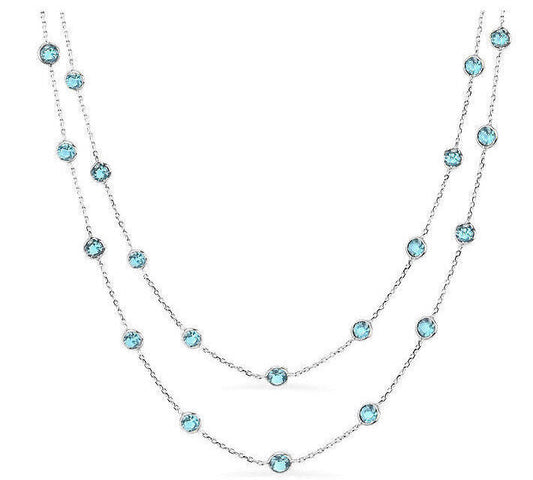 14K White Gold Necklace With Round Shape Blue Topaz Gemstones 36 Inches