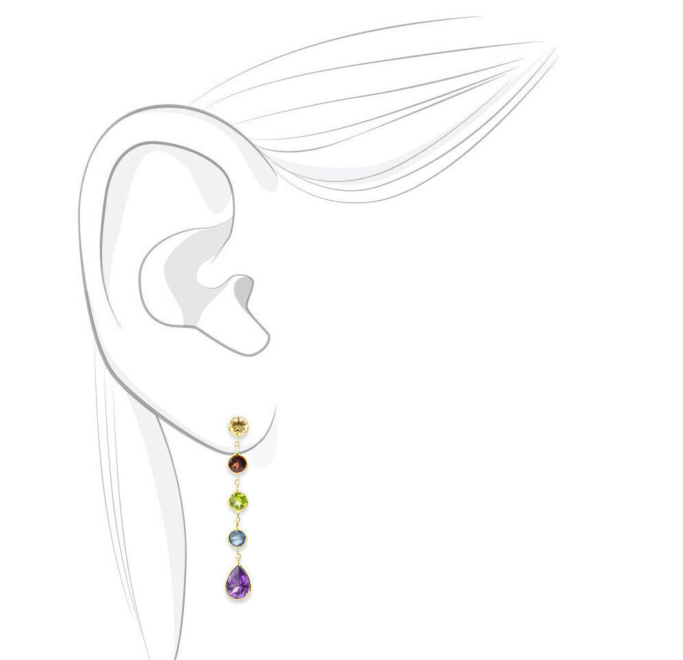 14K Yellow Gold Station Stud Earrings With Dangling Colorful Genuine Gemstones