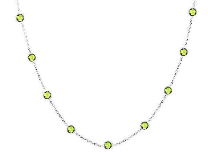 14K White Gold Necklace With Round Shaped Peridot Gemstones 36 Inches
