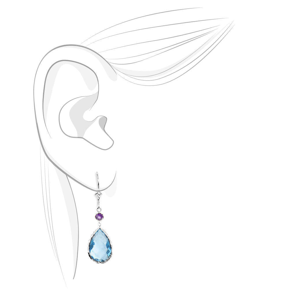 14K White Gold Earrings with Amethyst and Pear Shape Blue Topaz Gemstones