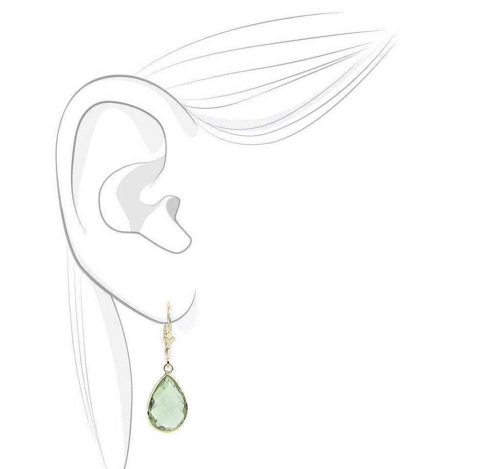 14K Yellow Gold Pear Shaped Earrings With Green Amethyst