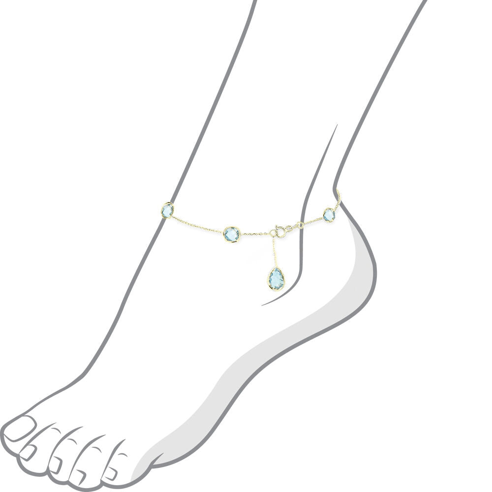 14K Yellow Gold Anklet With Blue Topaz Pear Shaped Drop 10.5 Inches