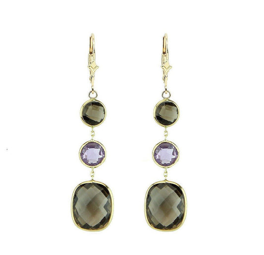 14K Yellow Gold Gemstone Earrings With Amethyst And Smoky Topaz