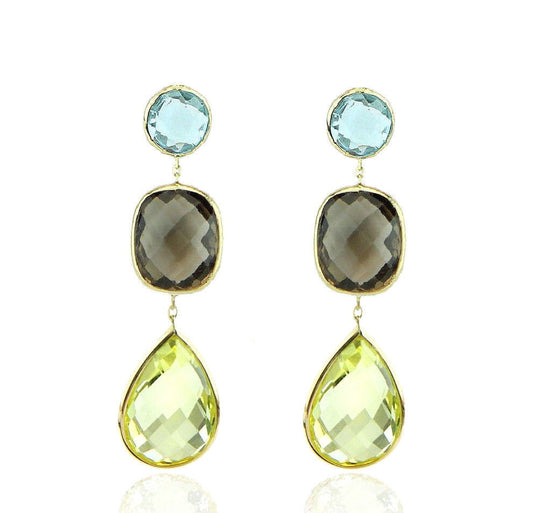 14K Yellow Gold Gemstone Earrings With Smoky, Lemon And Blue Topaz