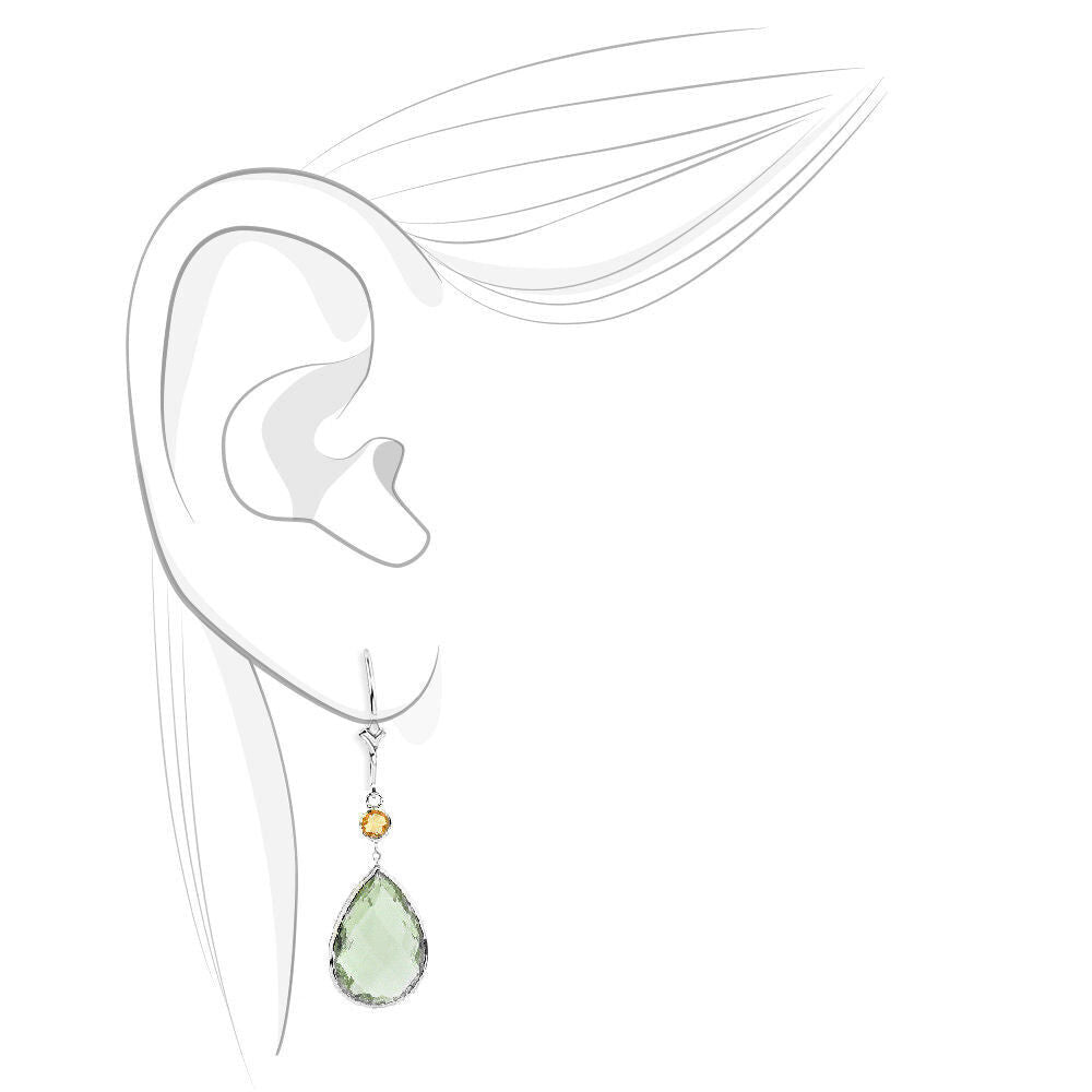 14K White Gold Earrings with Pear Shape Green Amethyst and Round Citrine