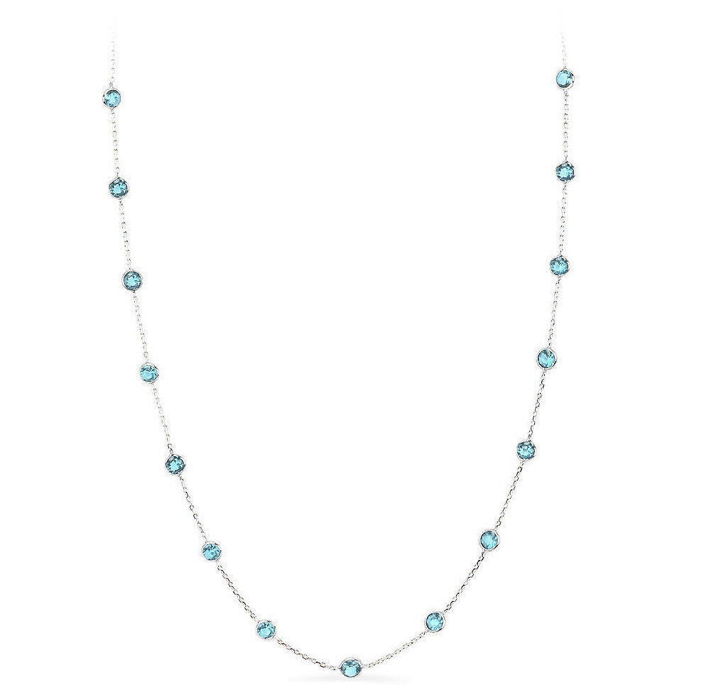 14K White Gold Necklace With Round Shape Blue Topaz Gemstones 36 Inches