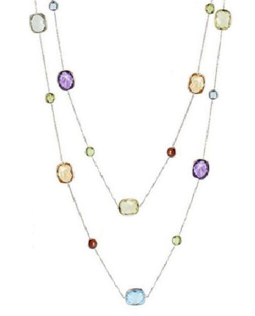 14K Yellow Gold Necklace With Round And Cushion Shaped Gemstones 36 Inches