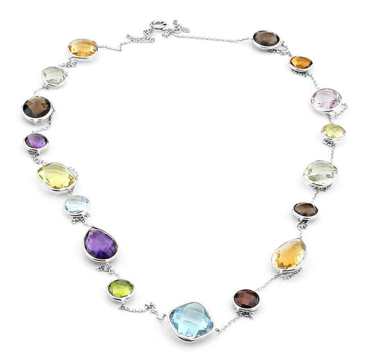 14K White Gold Colorful Multi-Shaped Gemstone Necklace 36 Inches