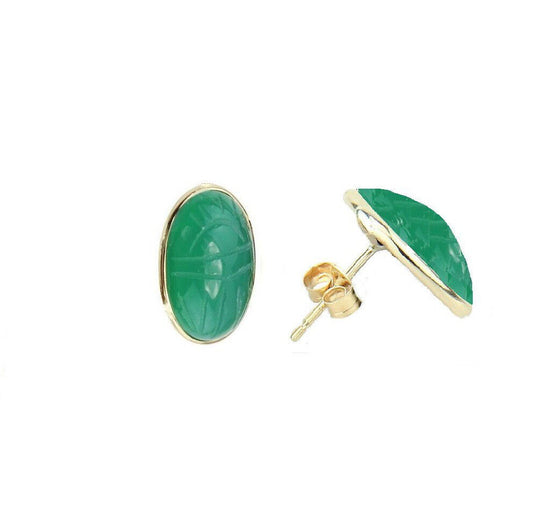 14K Yellow Gold Oval Shaped Green Onyx Scarab Earrings