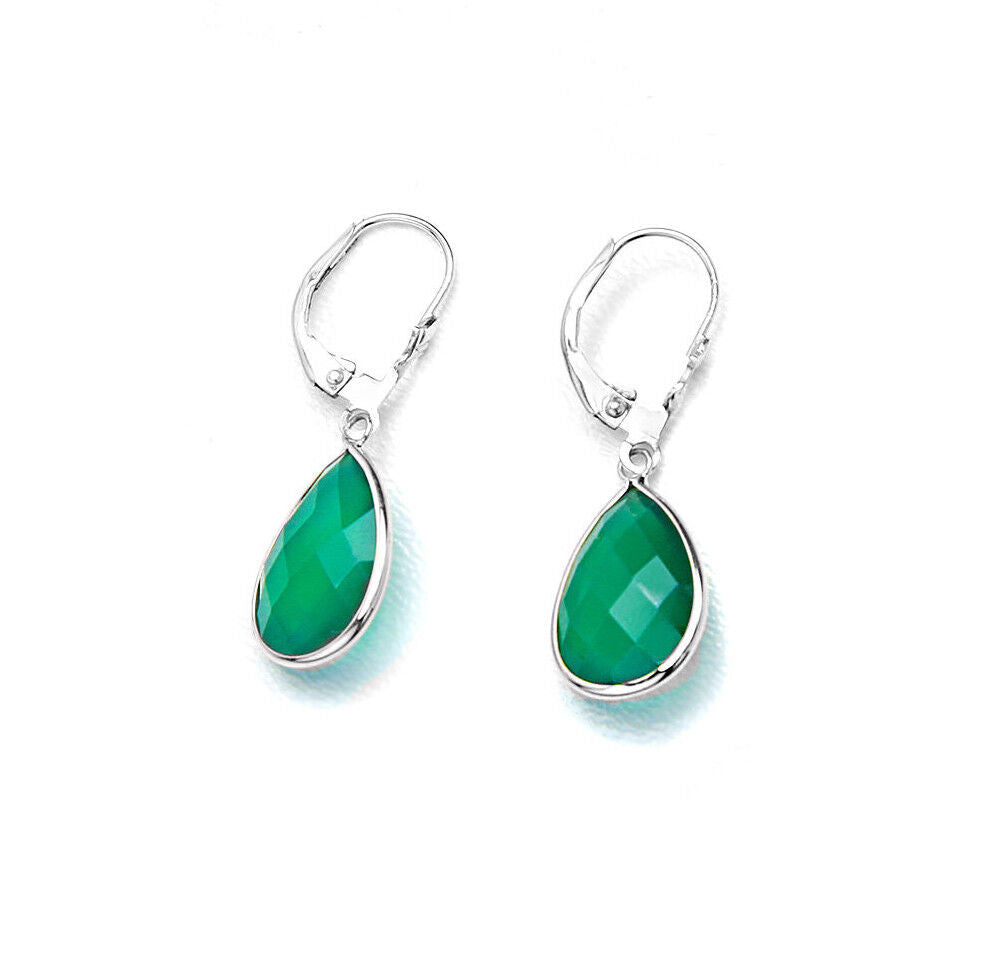 14K White Gold Earrings With Pear Shaped Green Onyx Gemstones