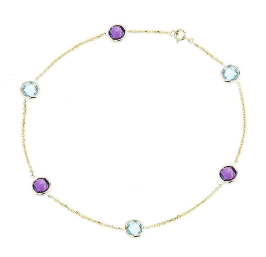 14K Yellow Gold Anklet Bracelet with Blue Topaz and Amethyst Gemstones 10 Inches