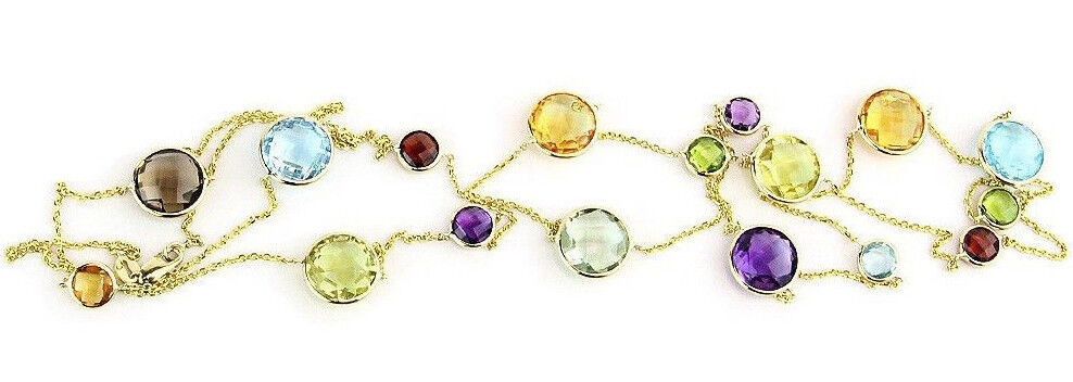 14K Yellow Gold Gemstone Necklace With Round Shaped Stones 36 Inches