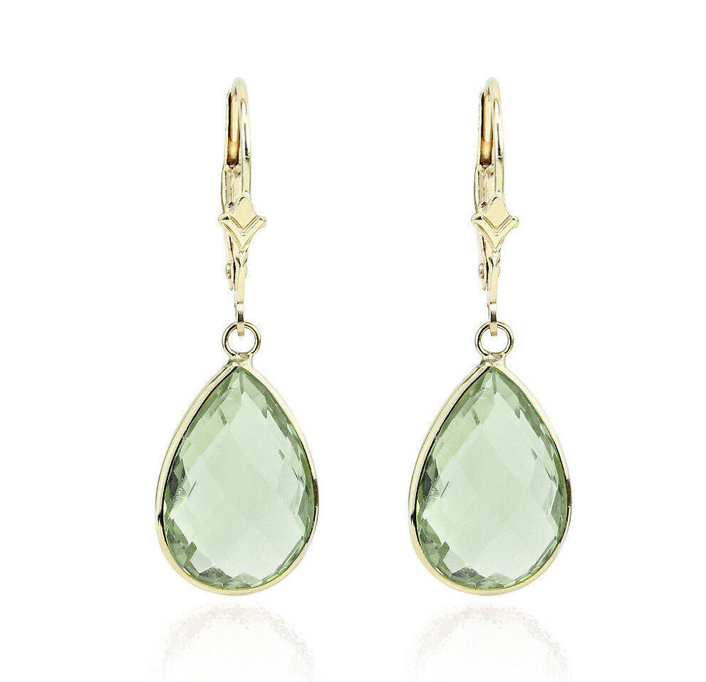14K Yellow Gold Pear Shaped Earrings With Green Amethyst
