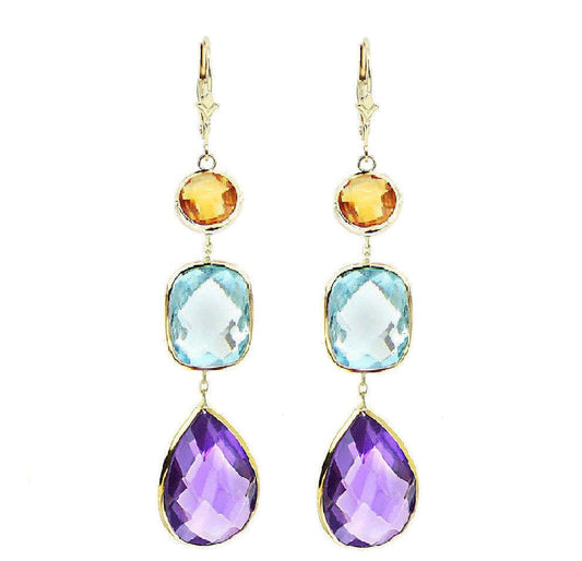 14K Yellow Gold Gemstone Earrings With Citrine, Blue Topaz And Amethyst