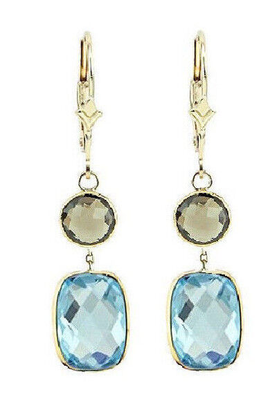 14K Yellow Gold Gemstone Earrings With Blue And Smoky Topaz