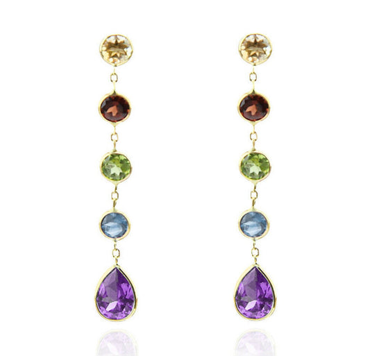 14K Yellow Gold Station Stud Earrings With Dangling Colorful Genuine Gemstones
