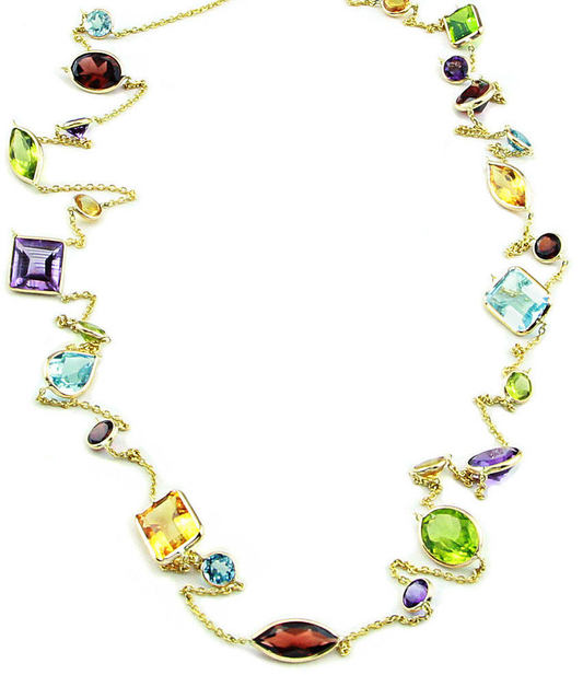 14K Yellow Gold Multi-Shaped and Multi-Colored Gemstones Necklace 36 Inches