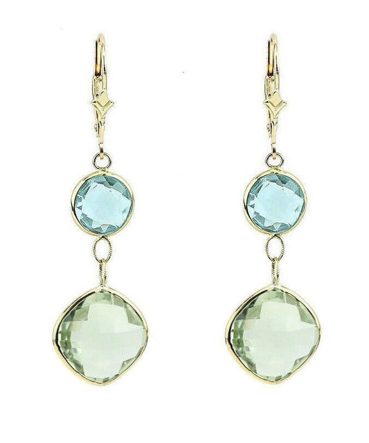 14K Yellow Gold Gemstone Earrings With Green Amethyst And Blue Topaz