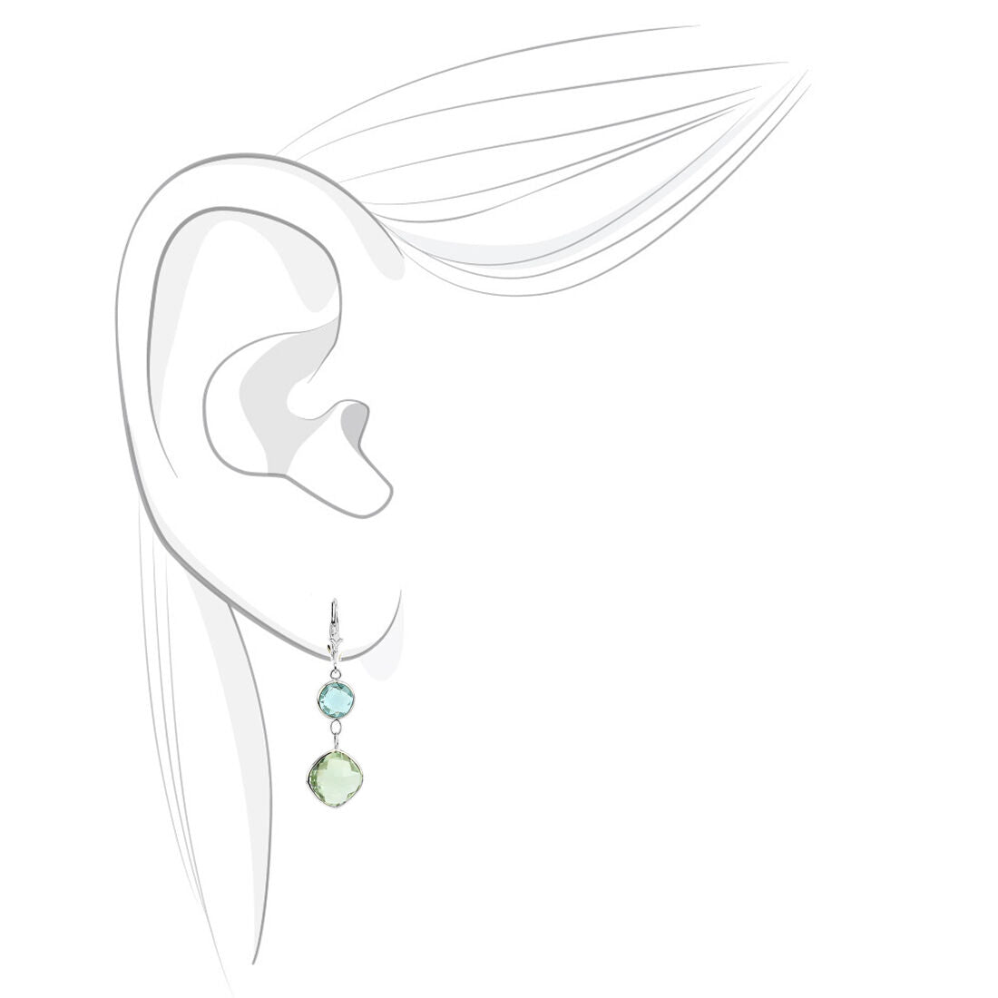 14K White Gold Gemstone Earrings With Green Amethyst And Blue Topaz