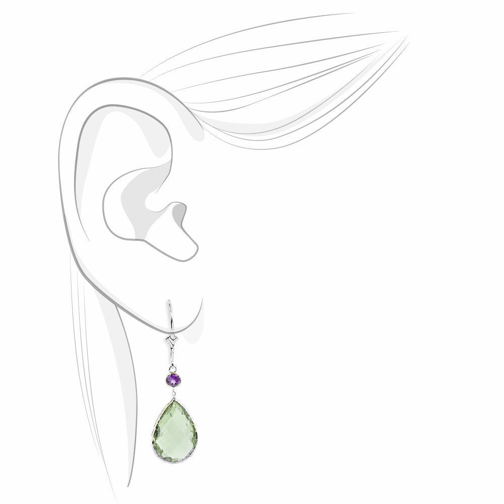 14K White Gold Earrings with Pear Shape Green Amethyst & Round Purple Amethyst