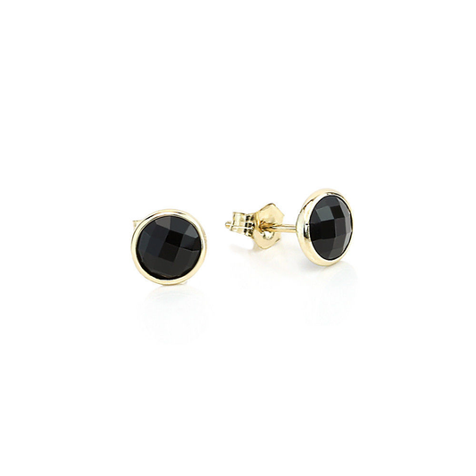 14K Yellow Gold Gemstone Stud Earrings With Round Black Onyx