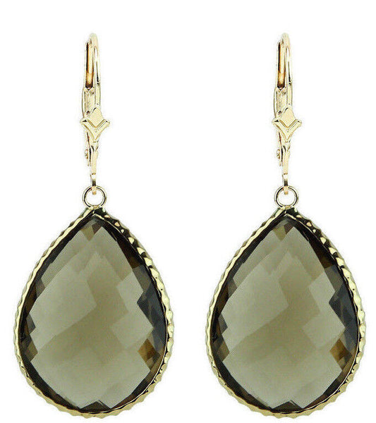 14K Yellow Gold Gemstone Earrings With Large Pear Shape Smoky Topaz