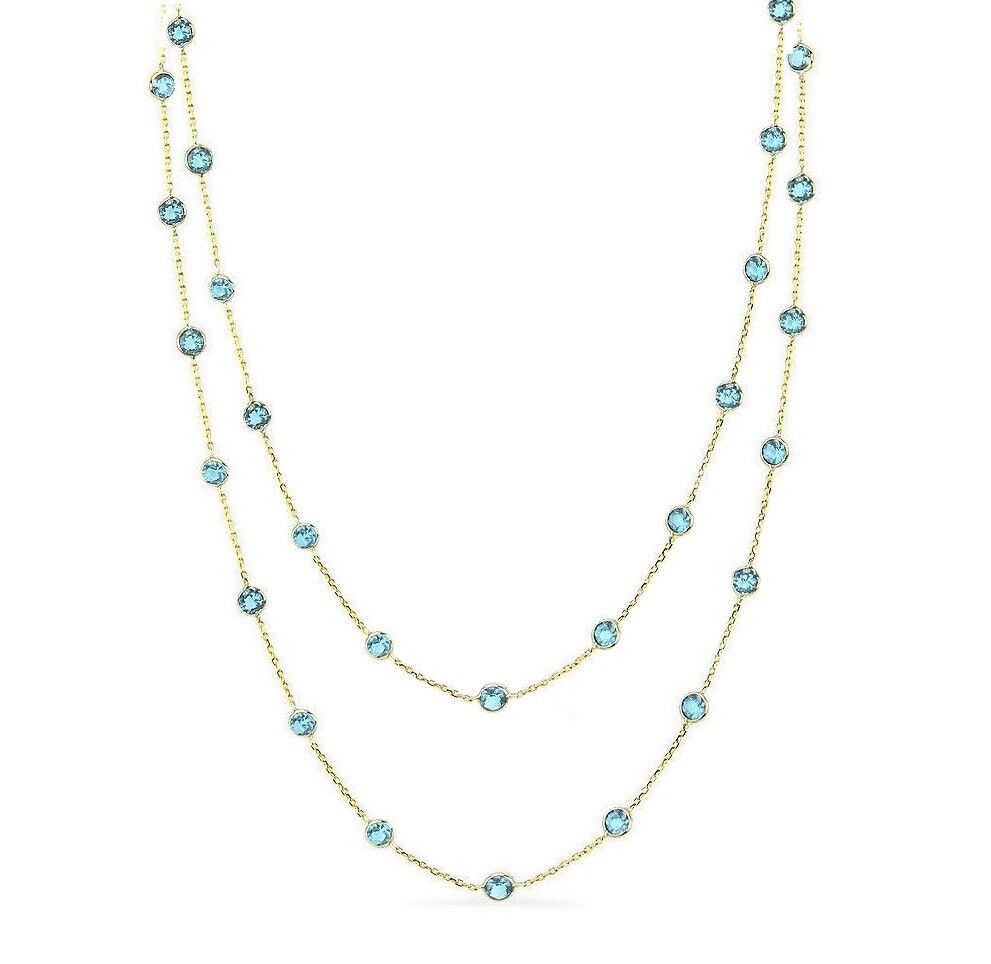 14K Yellow Gold Gemstone Necklace With Round Shape Blue Topaz Stations 36 Inches
